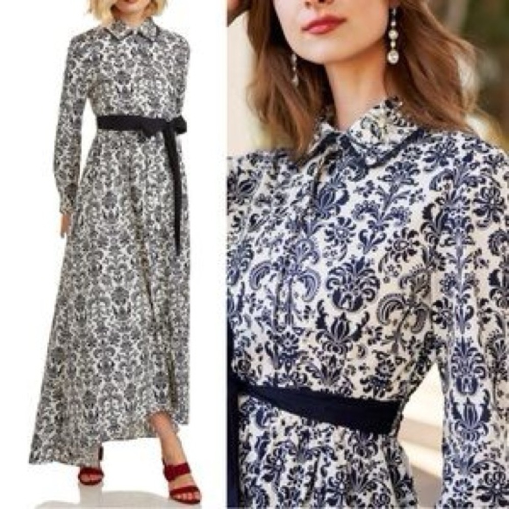 Trish Scully Costance Maxi Dress NWT Size 0 | Navy Damask Cottagecore Button-Up - Picture 4 of 12
